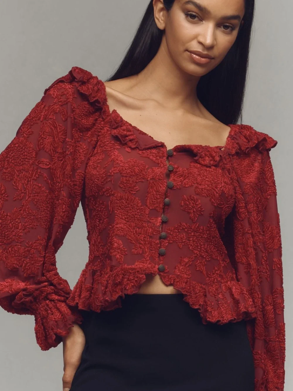 Anthropologie Red Textured Ruffled Button-Front Blouse